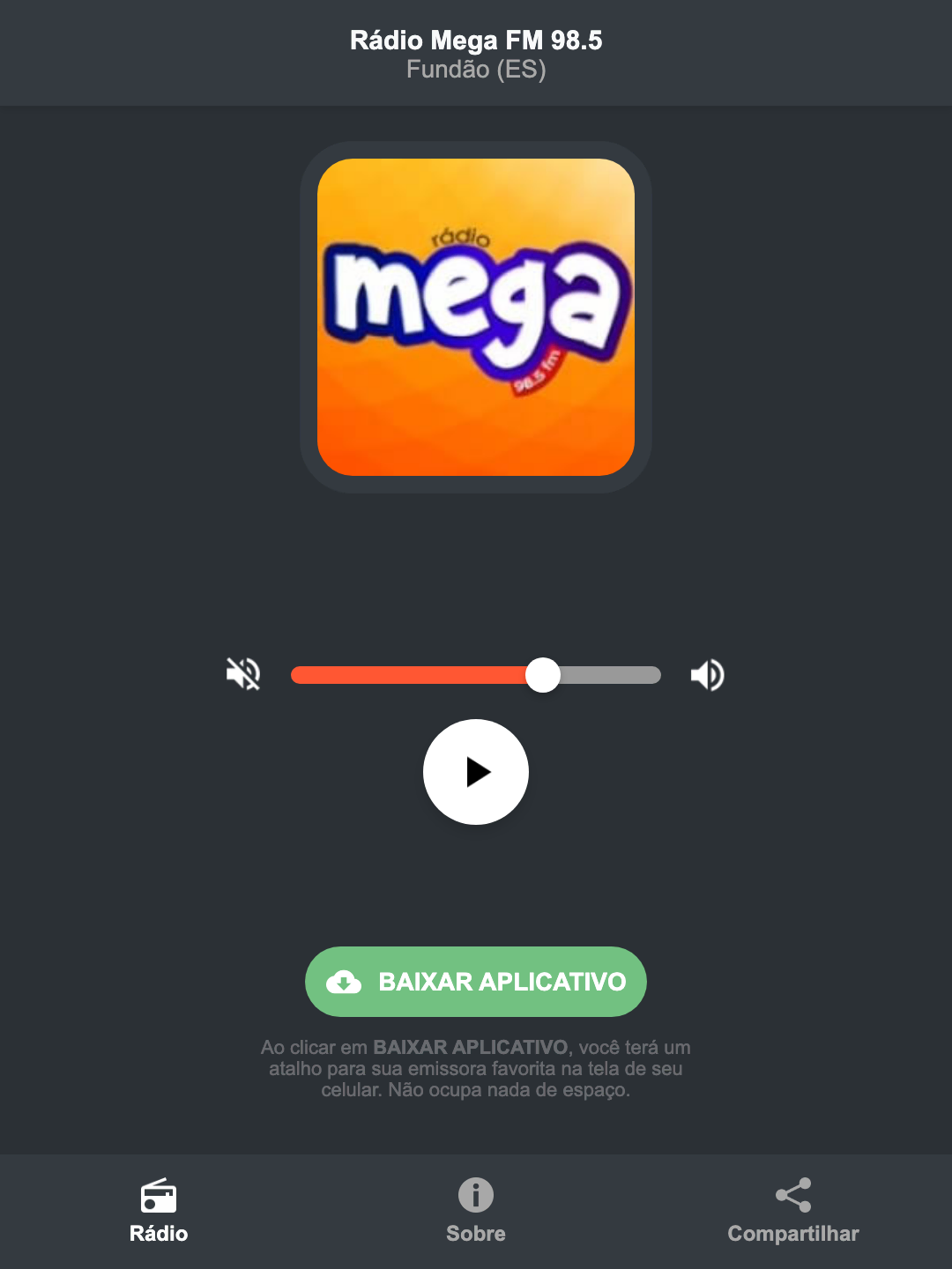 Screenshot do aplicativo da Rádio Mega FM 98.5