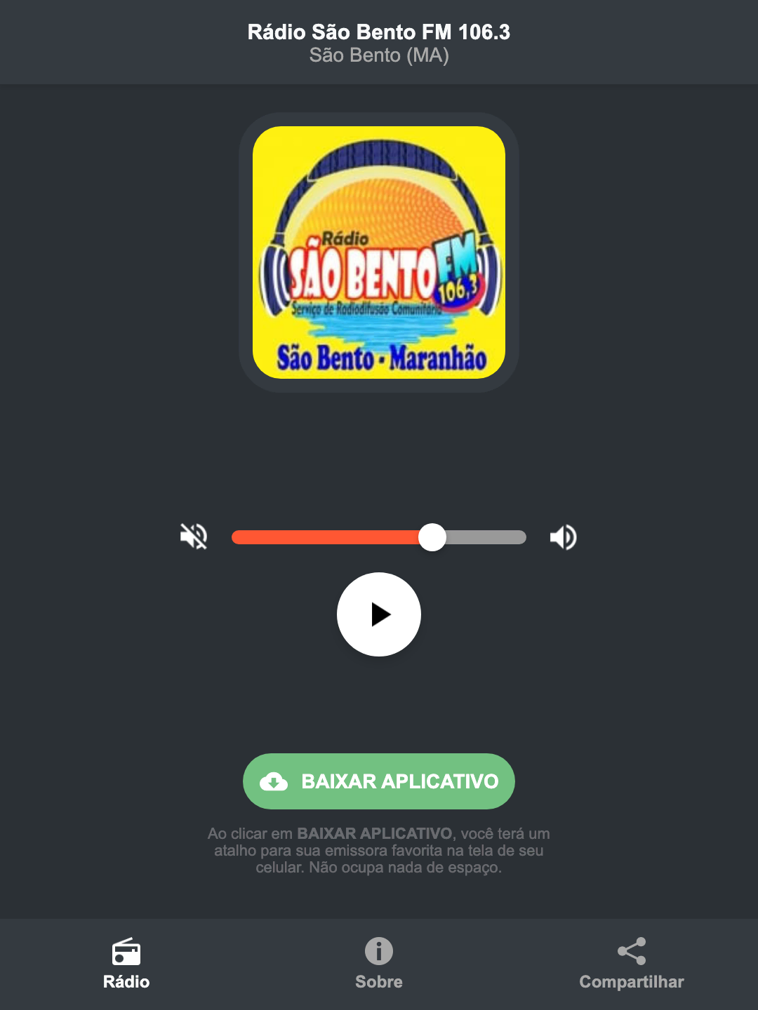 Screenshot do aplicativo da Rádio São Bento FM 106.3