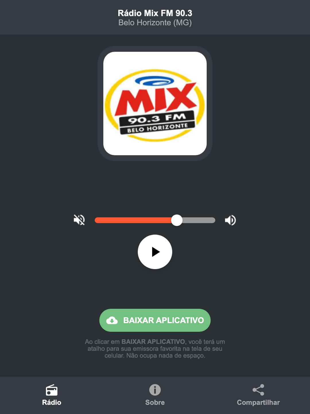 Screenshot do aplicativo da Rádio Mix FM 90.3