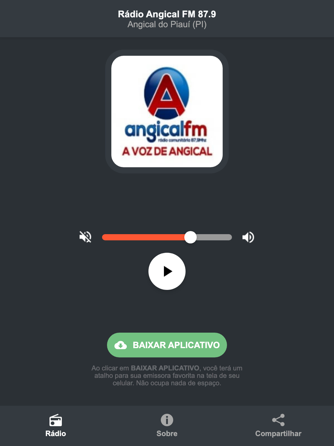 Screenshot do aplicativo da Rádio Angical FM 87.9