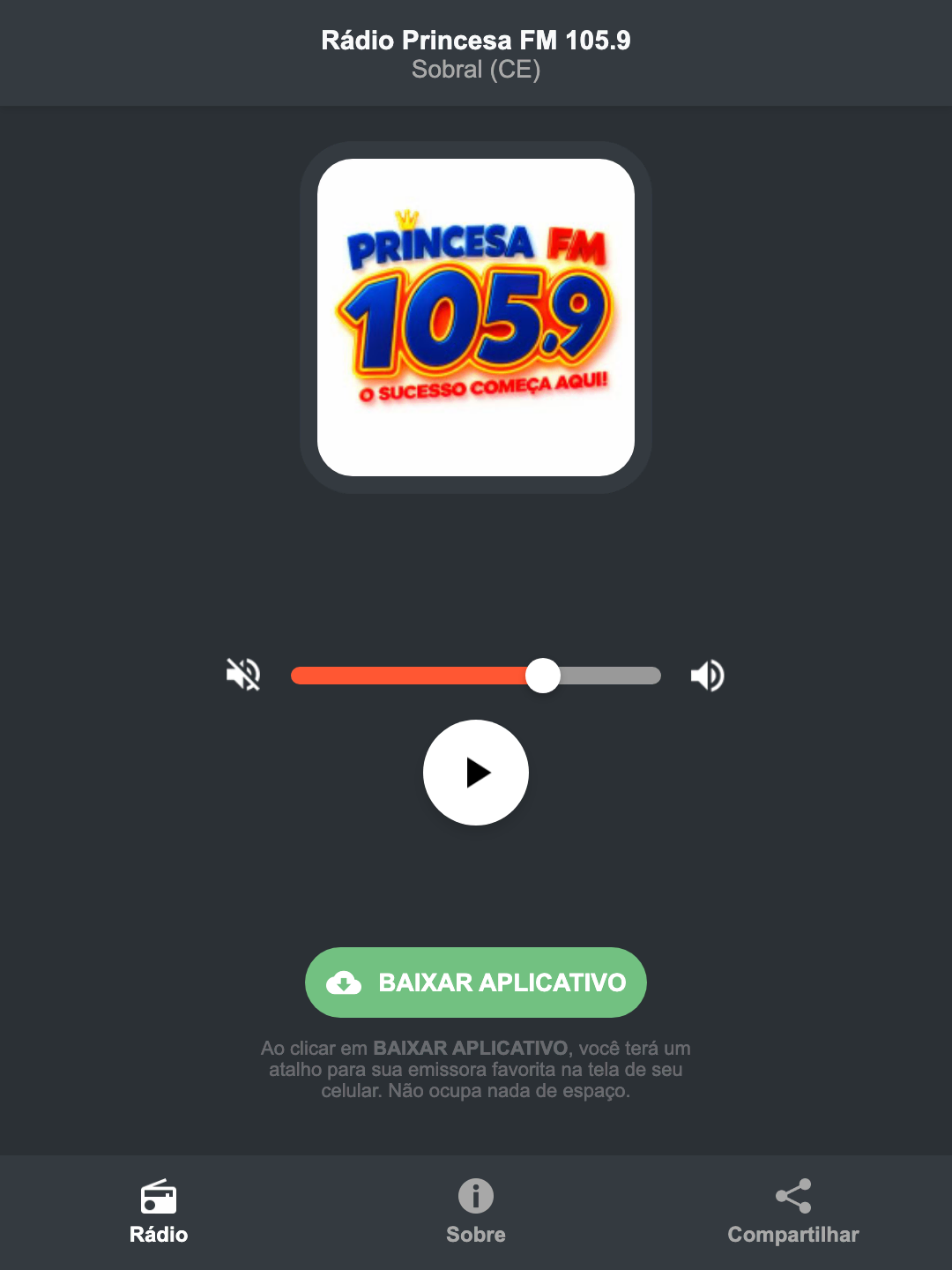 Screenshot do aplicativo da Rádio Princesa FM 105.9