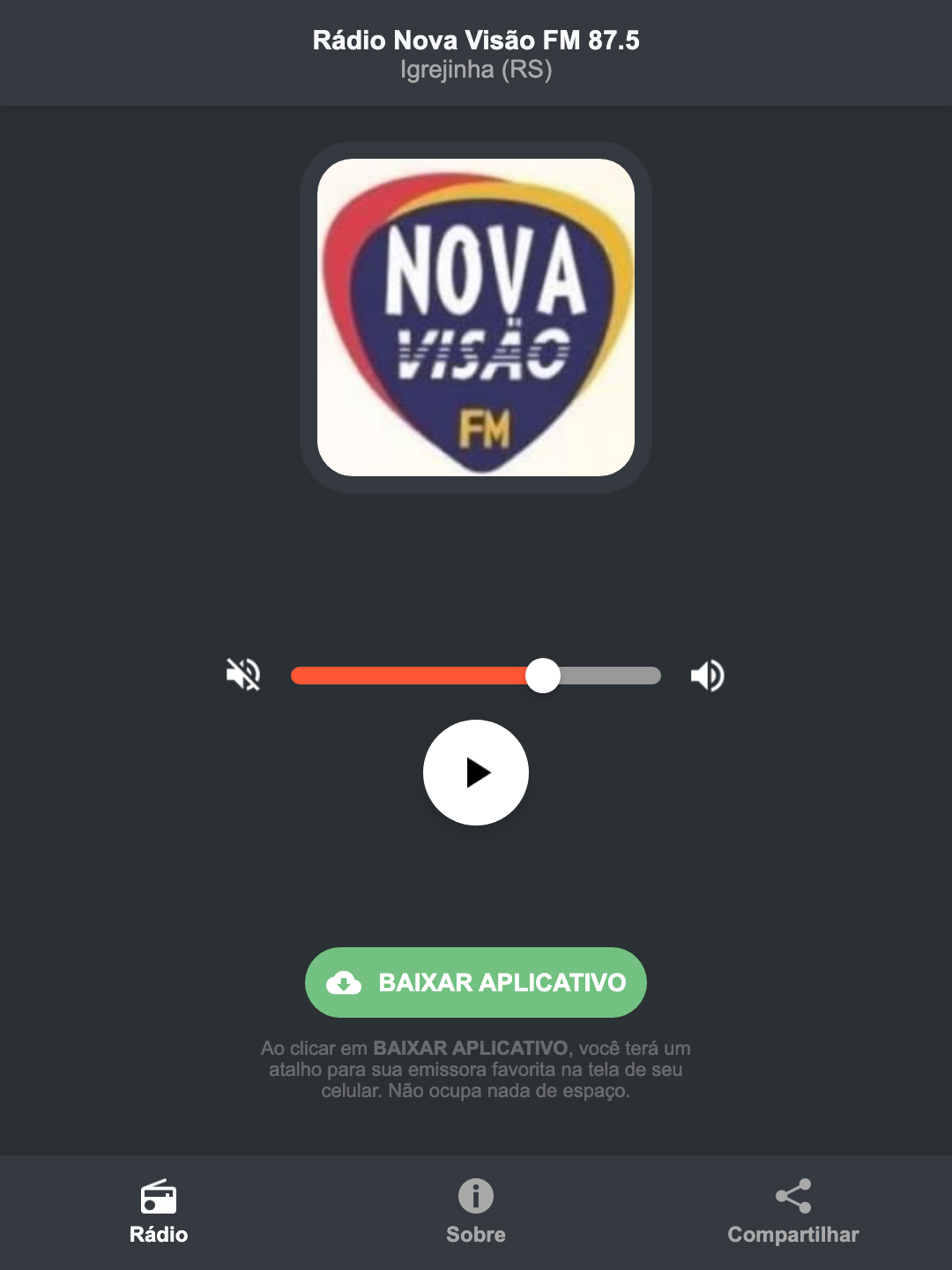 Screenshot do aplicativo da Rádio Nova Visão FM 87.5