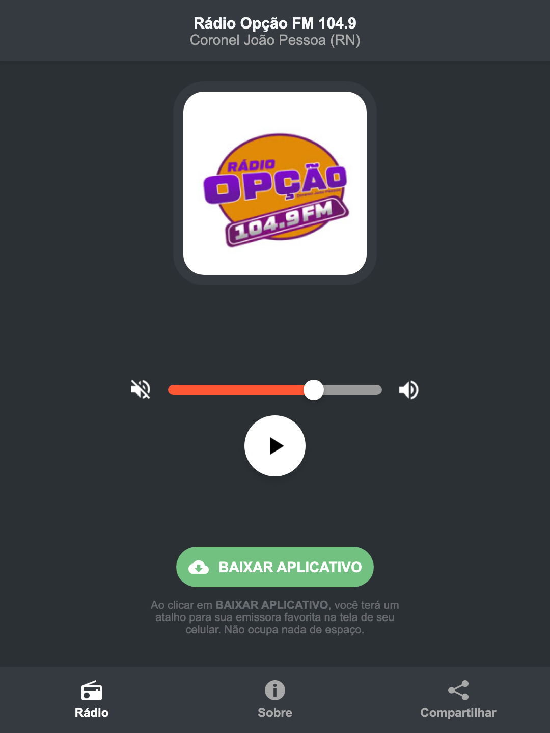 Screenshot do aplicativo da Rádio Opção FM 104.9