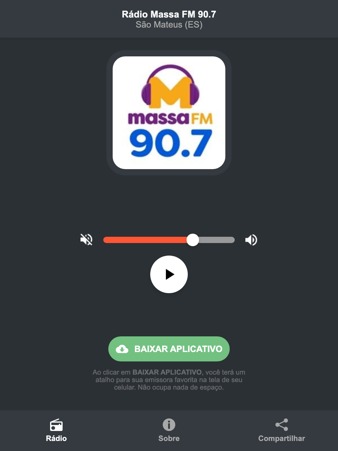 Screenshot do aplicativo da Rádio Massa FM 90.7