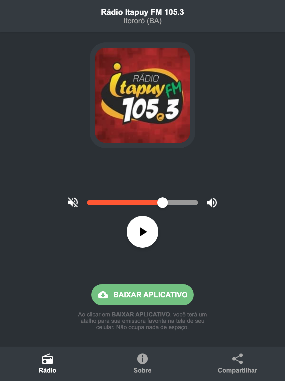 Screenshot do aplicativo da Rádio Itapuy FM 105.3