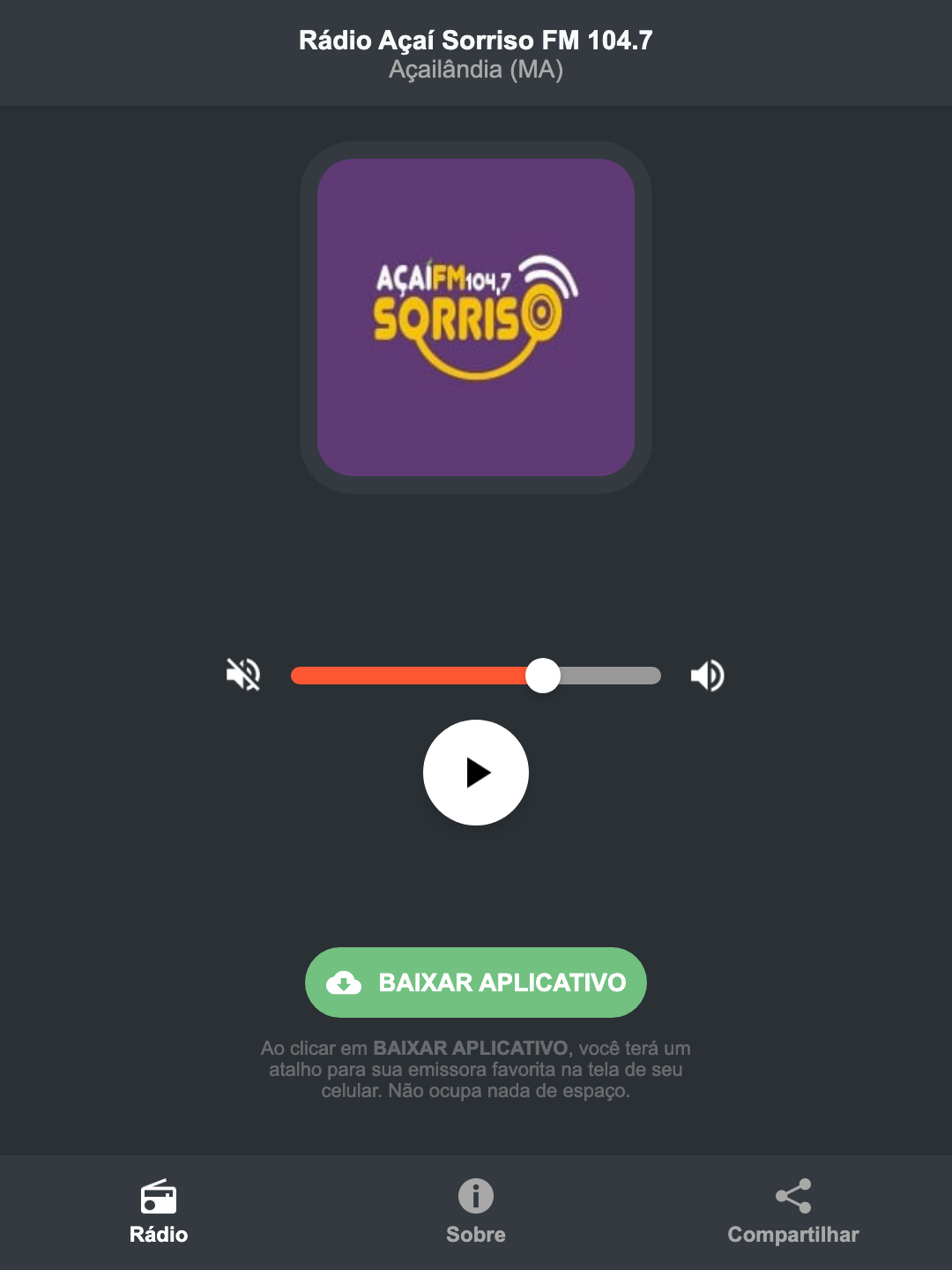 Screenshot do aplicativo da Rádio Açaí Sorriso FM 104.7