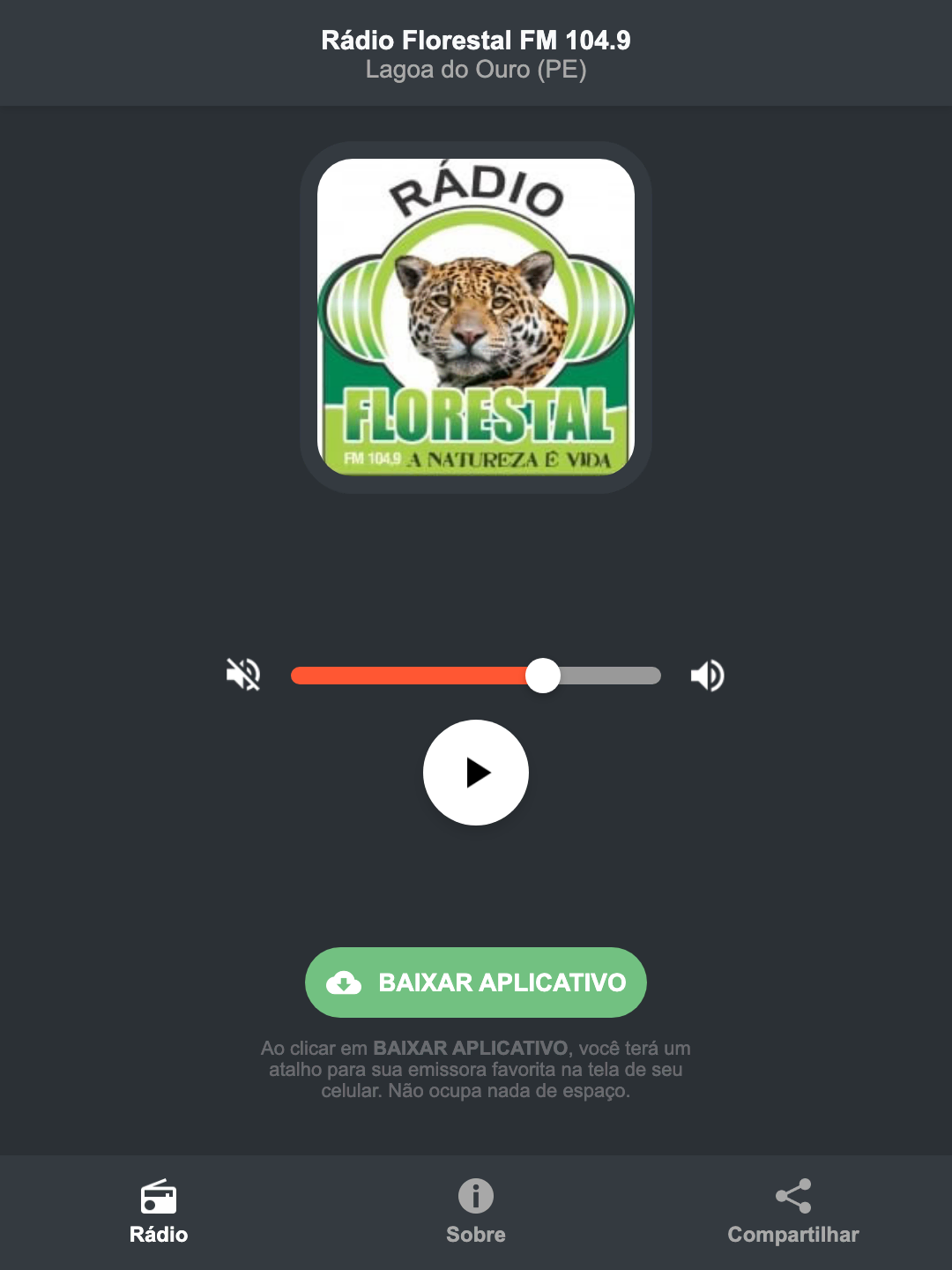 Screenshot do aplicativo da Rádio Florestal FM 104.9