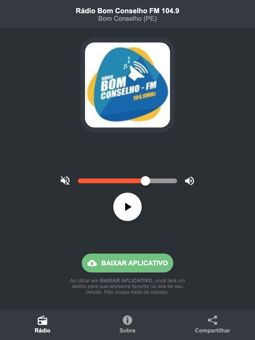 Screenshot do aplicativo da Rádio Bom Conselho FM 104.9