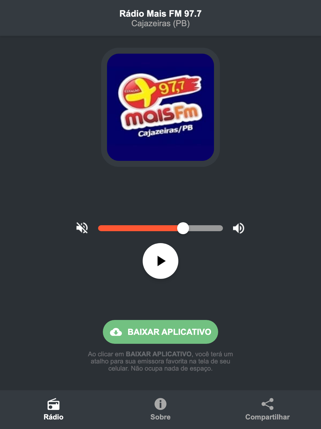 Screenshot do aplicativo da Rádio Mais FM 97.7