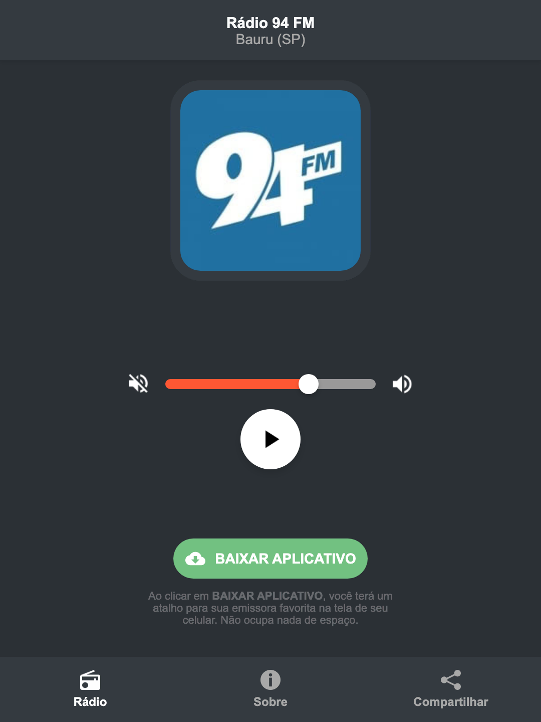 Screenshot do aplicativo da Rádio 94 FM