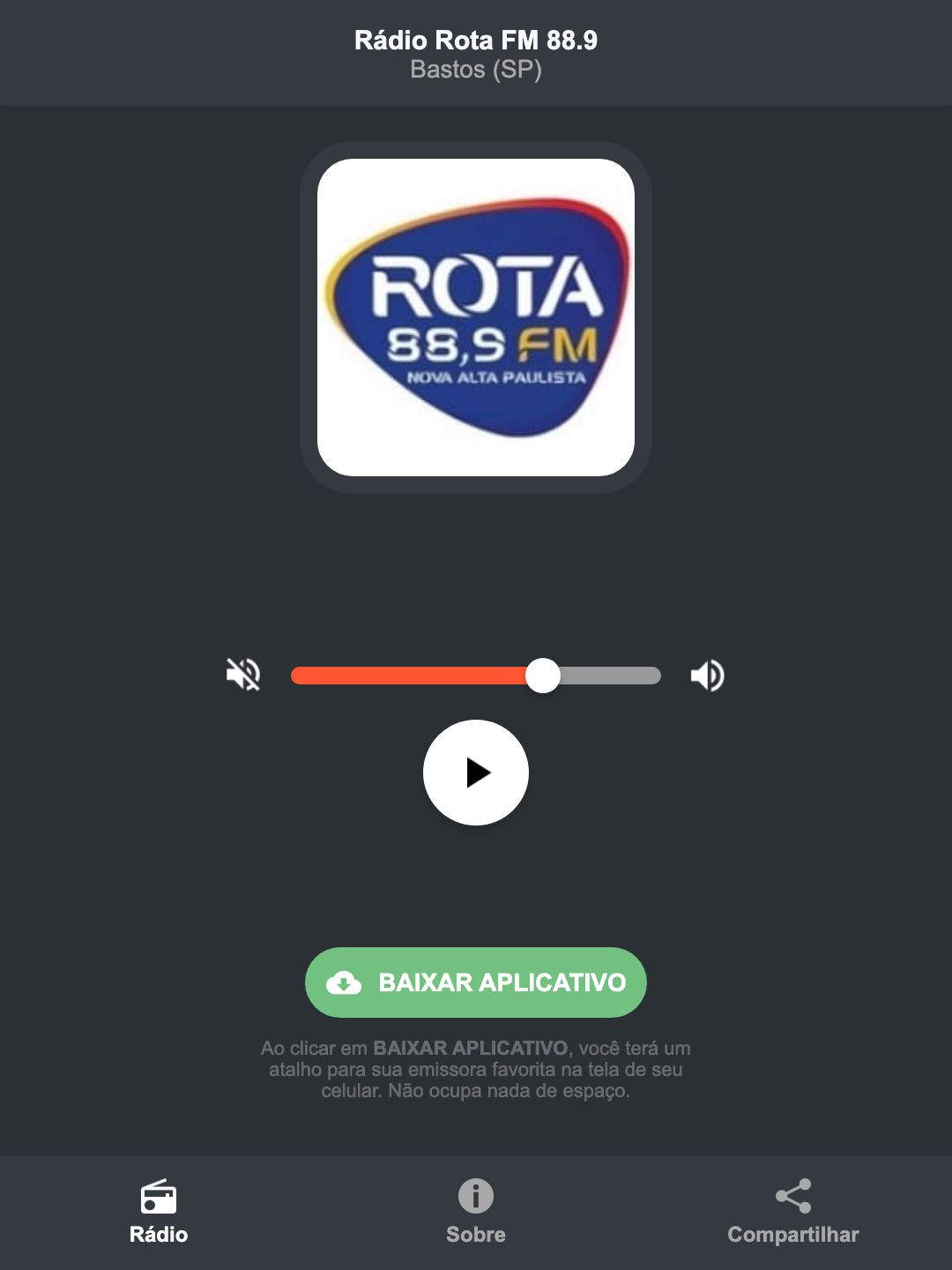 Screenshot do aplicativo da Rádio Rota FM 88.9
