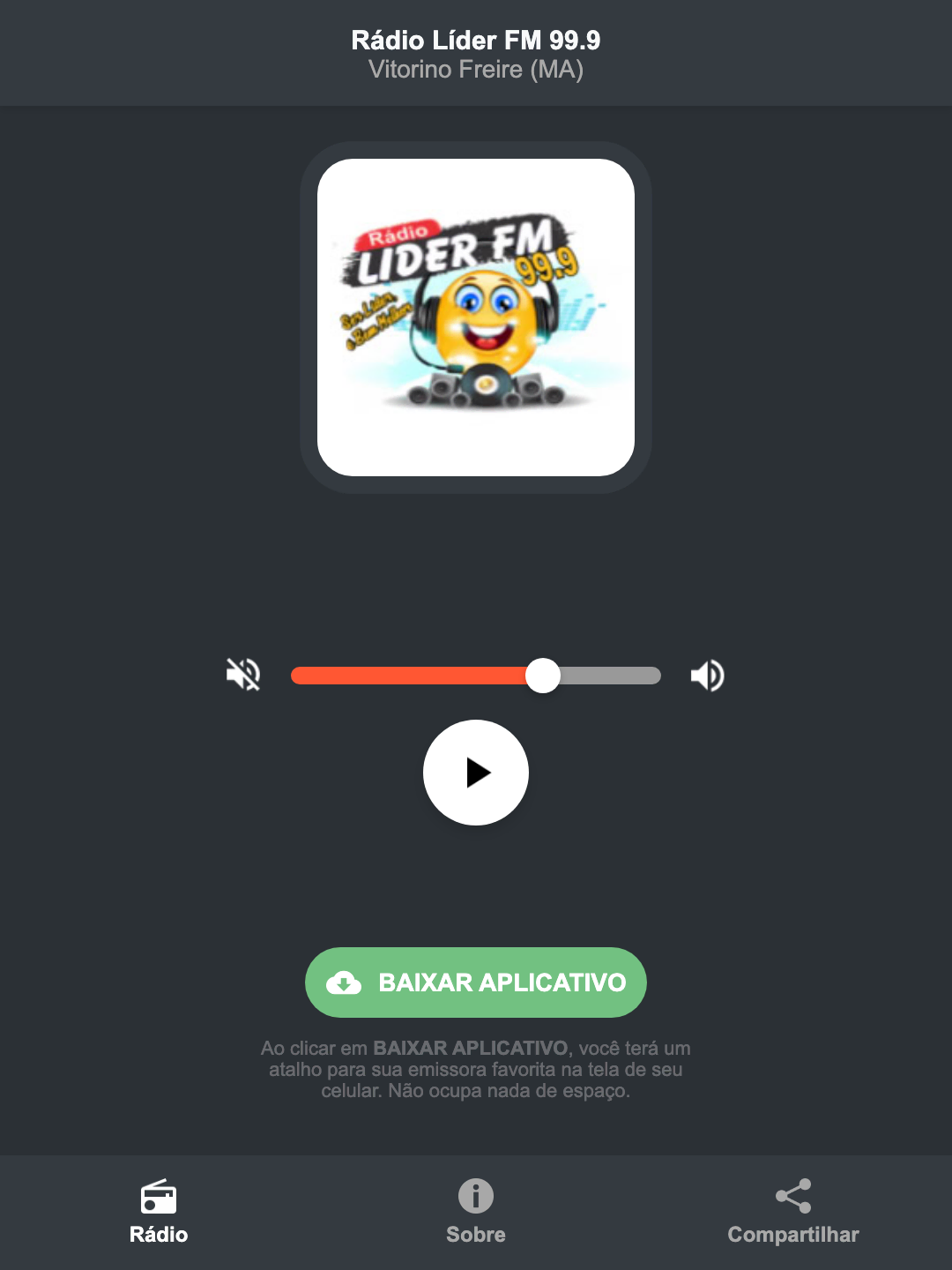 Screenshot do aplicativo da Rádio Líder FM 99.9