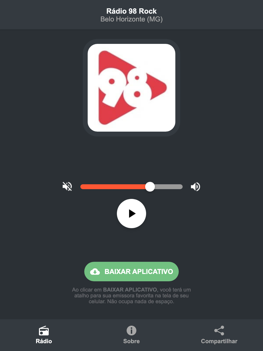 Screenshot do aplicativo da Rádio 98 Rock