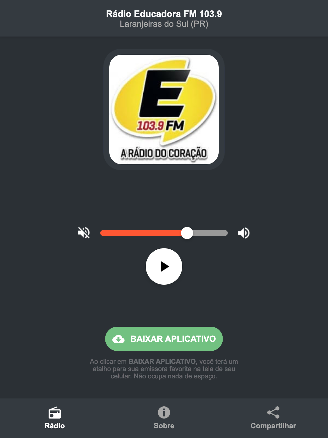 Screenshot do aplicativo da Rádio Educadora FM 103.9