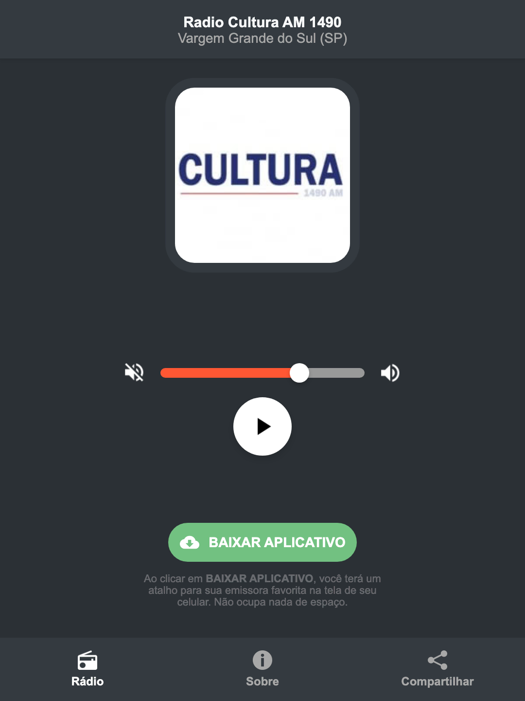 Screenshot do aplicativo da Radio Cultura AM 1490