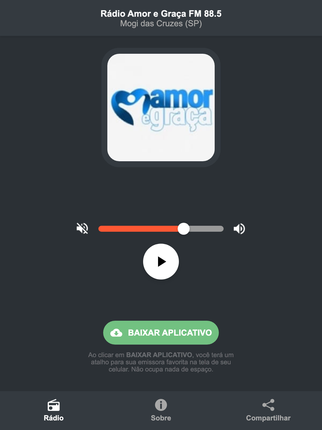 Screenshot do aplicativo da Rádio Amor e Graça FM 88.5