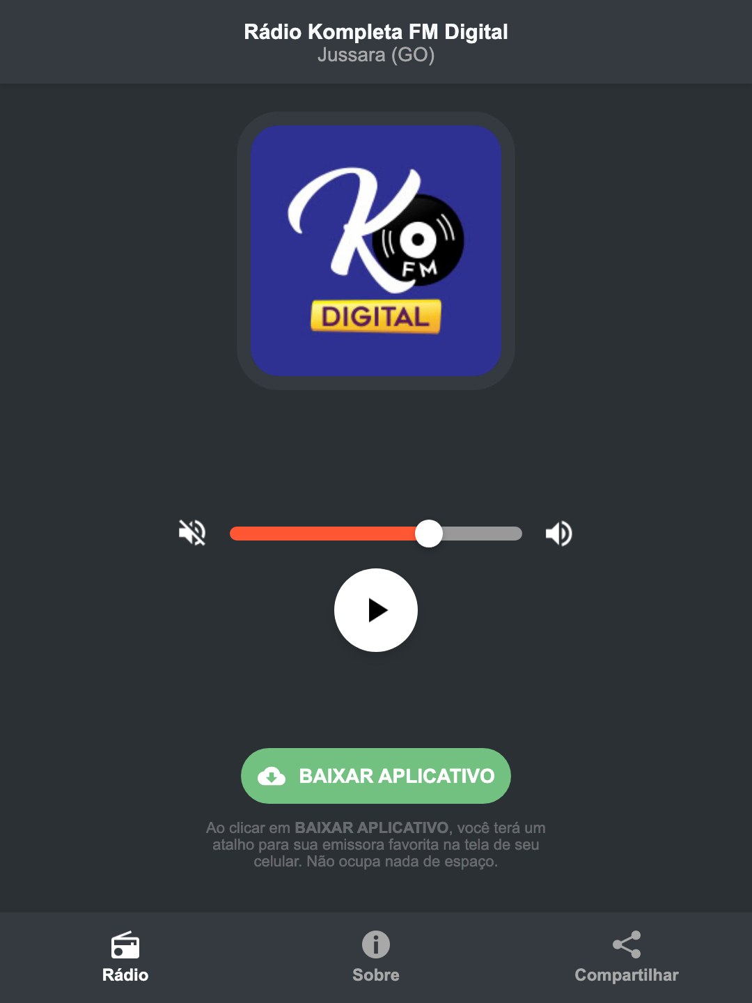 Screenshot do aplicativo da Rádio Kompleta FM Digital