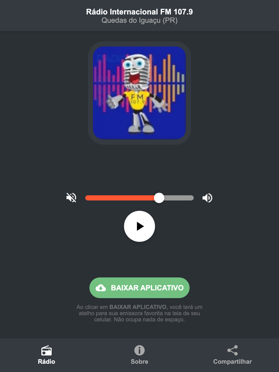 Screenshot do aplicativo da Rádio Internacional FM 107.9
