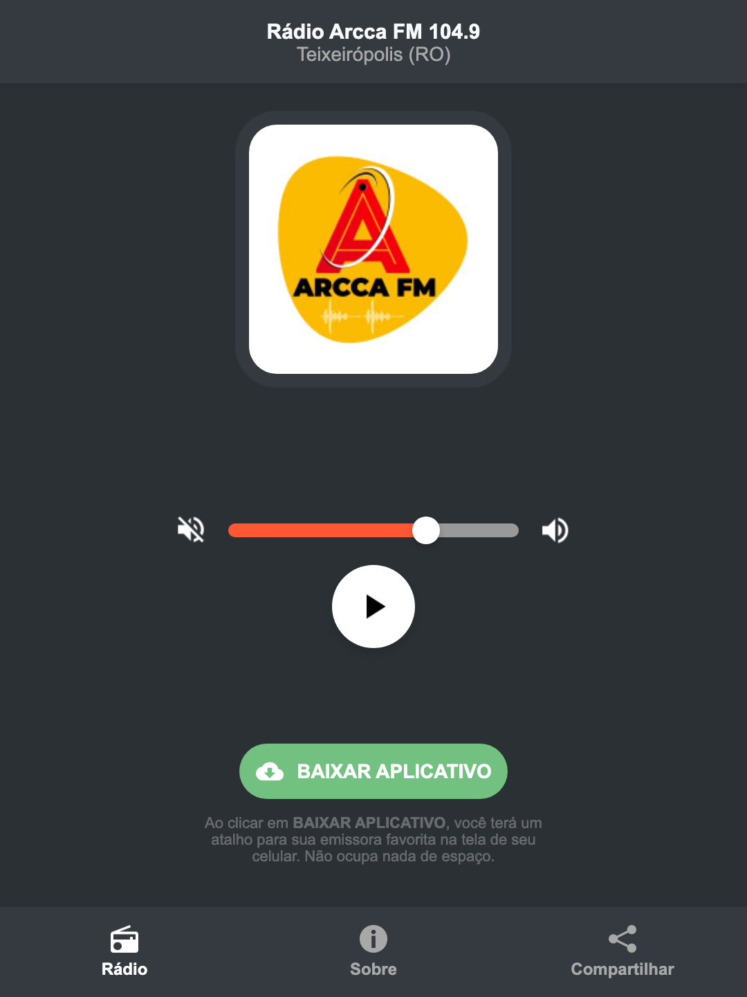 Screenshot do aplicativo da Rádio Arcca FM 104.9