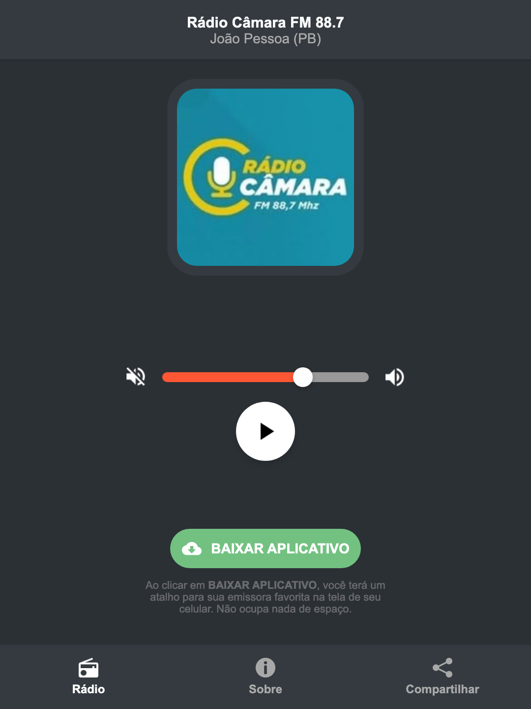 Screenshot do aplicativo da Rádio Câmara FM 88.7