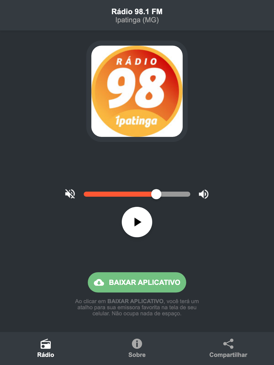 Screenshot do aplicativo da Rádio 98.1 FM