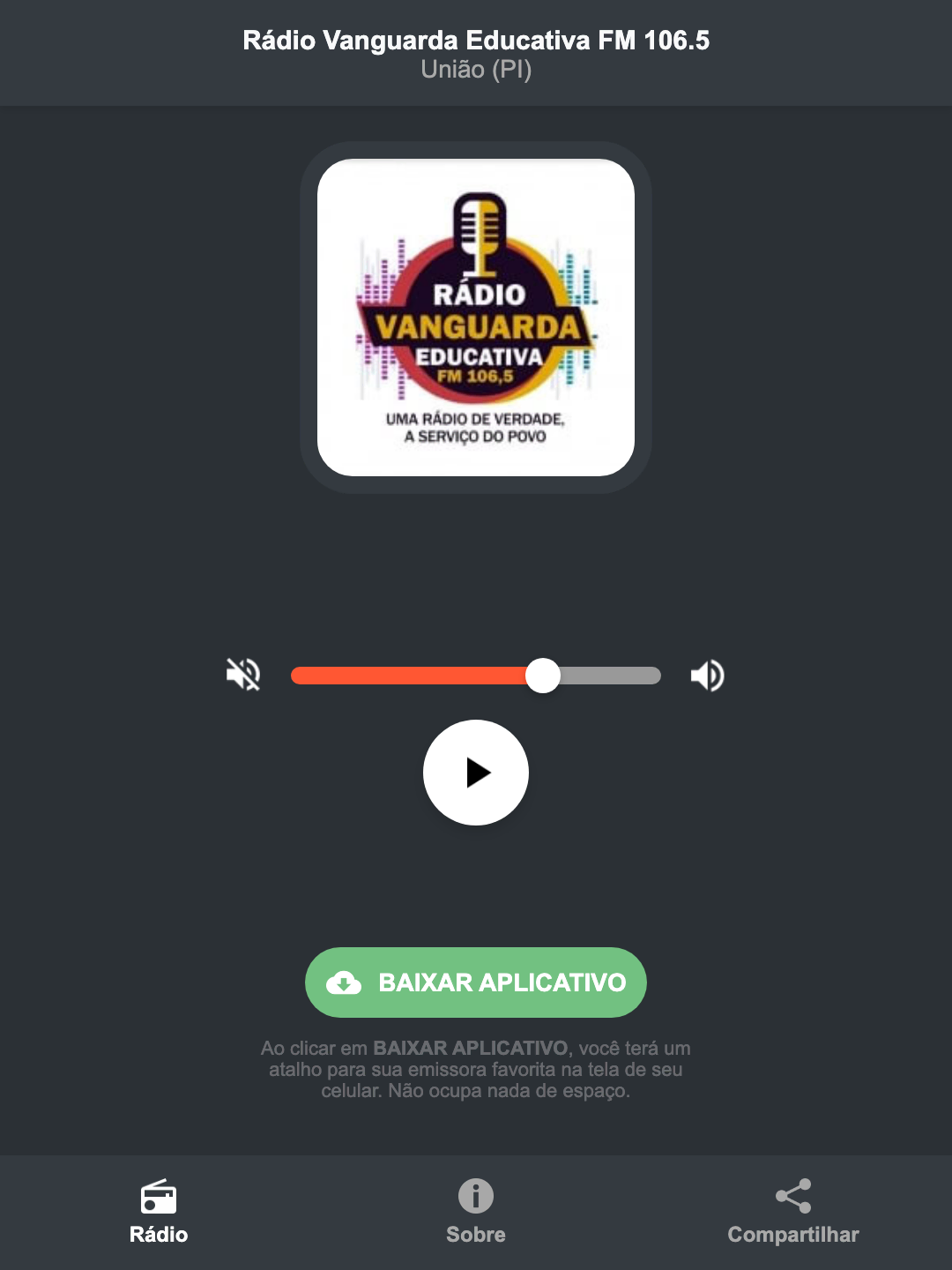 Screenshot do aplicativo da Rádio Vanguarda Educativa FM 106.5