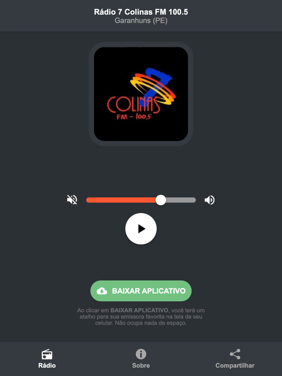 Screenshot do aplicativo da Rádio 7 Colinas FM 100.5