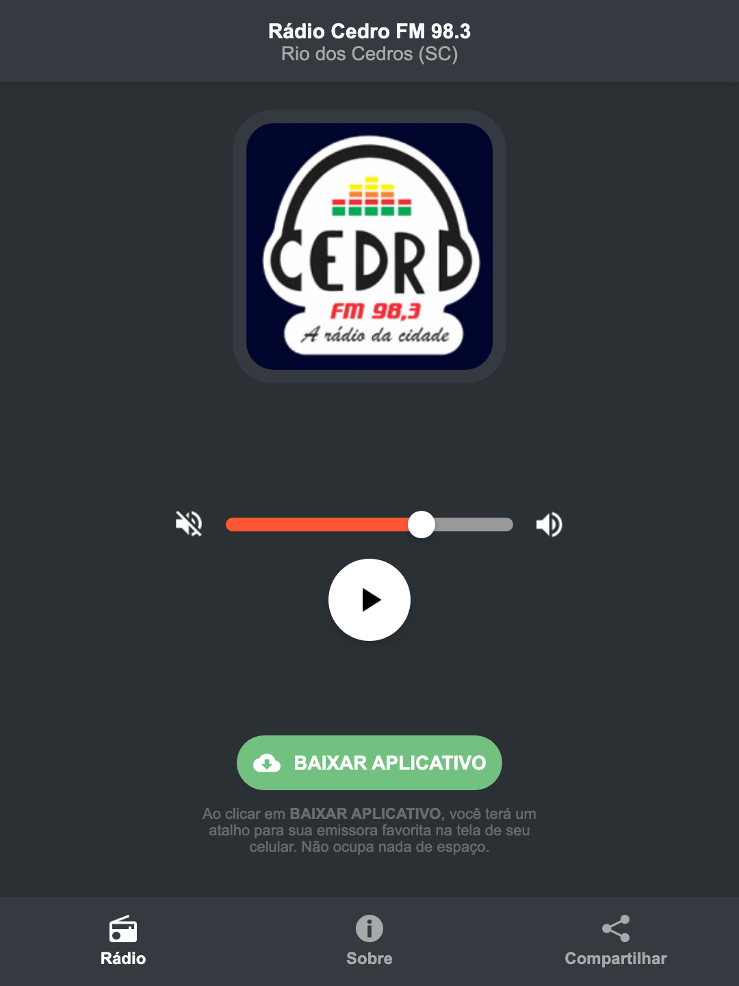 Screenshot do aplicativo da Rádio Cedro FM 98.3