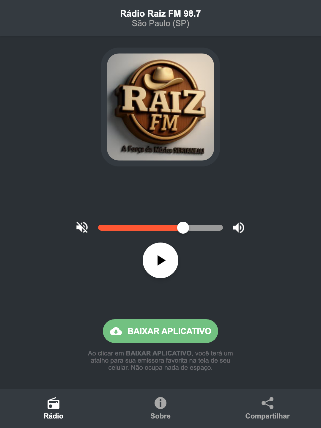 Screenshot do aplicativo da Rádio Raiz FM 98.7