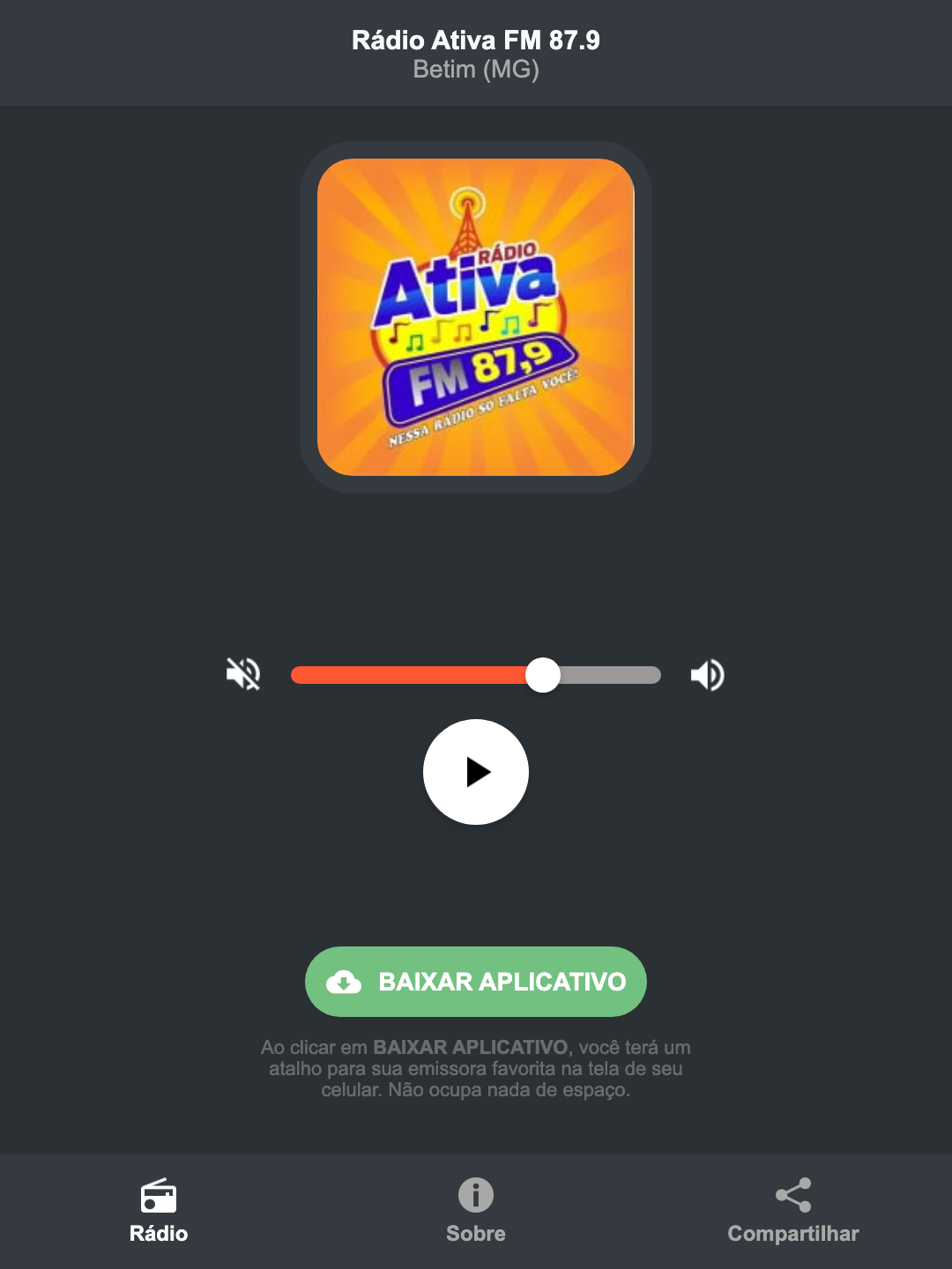 Screenshot do aplicativo da Rádio Ativa FM 87.9