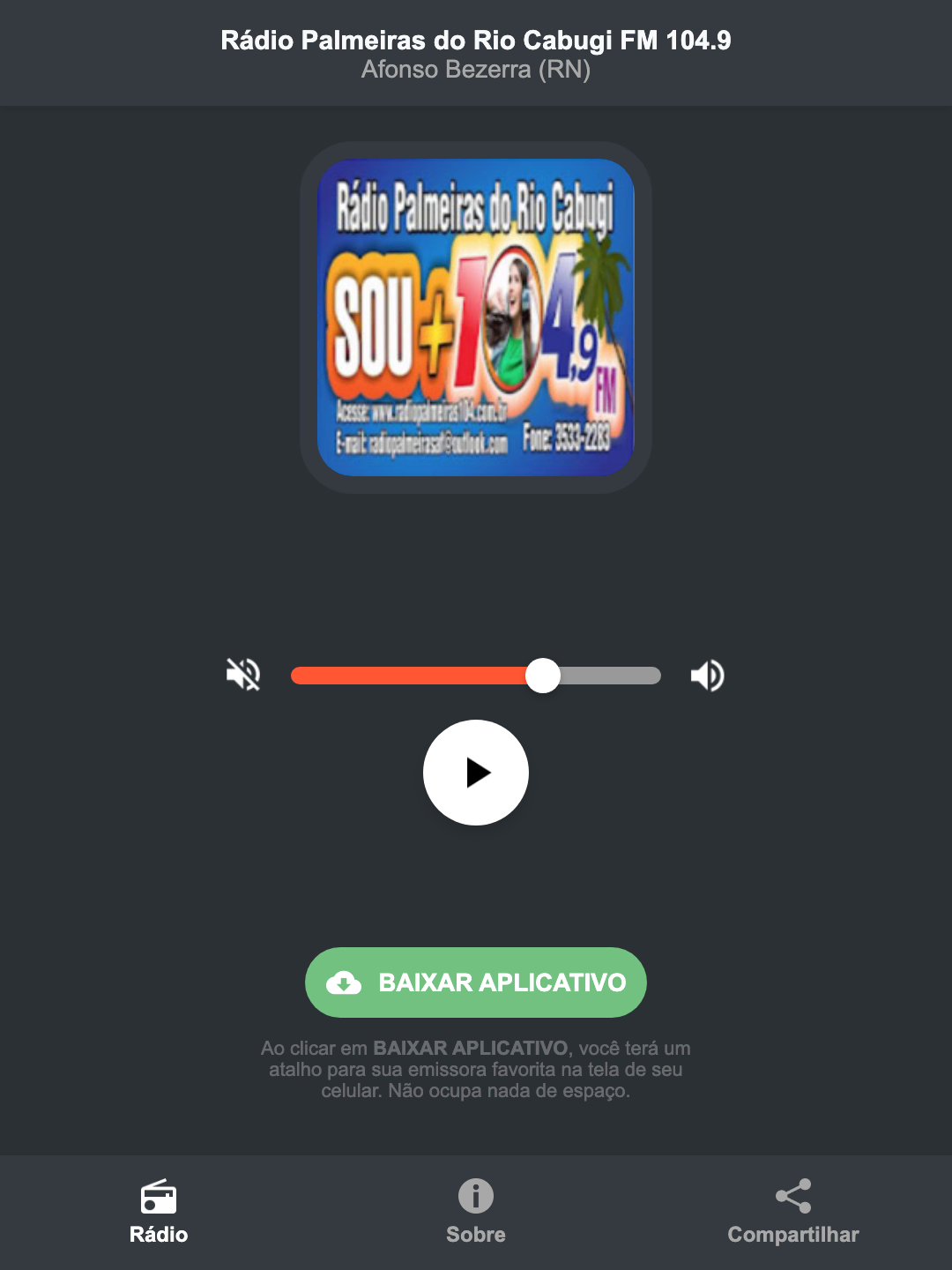 Screenshot do aplicativo da Rádio Palmeiras do Rio Cabugi FM 104.9