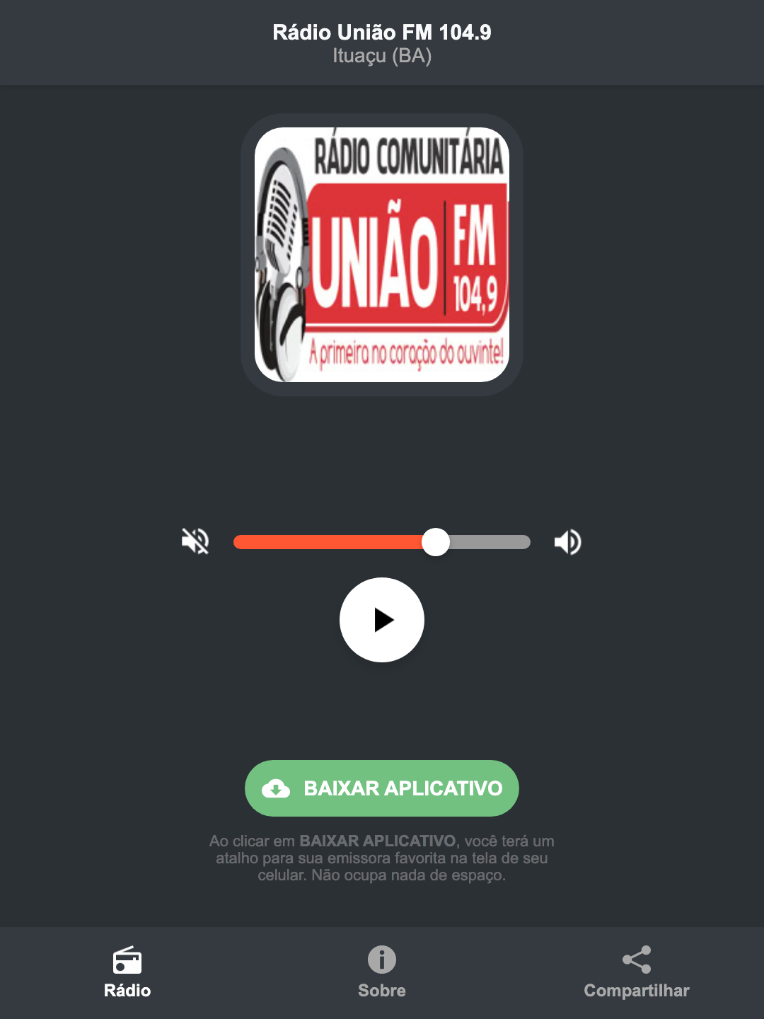 Screenshot do aplicativo da Rádio União FM 104.9