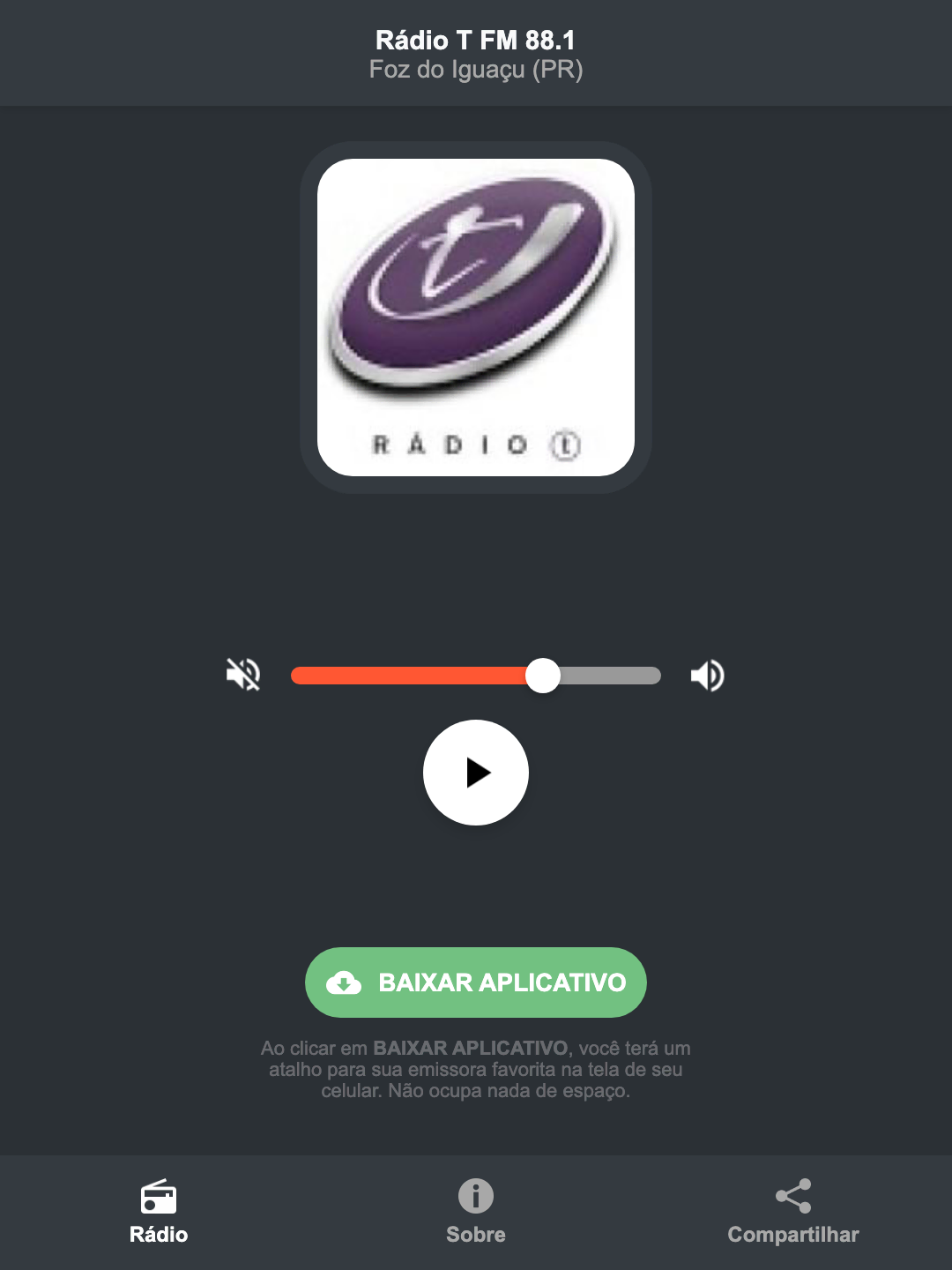 Screenshot do aplicativo da Rádio T FM 88.1