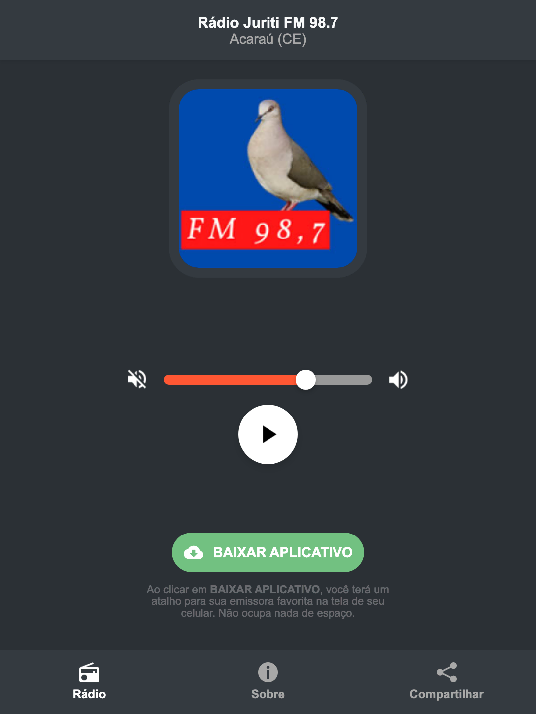 Screenshot do aplicativo da Rádio Juriti FM 98.7