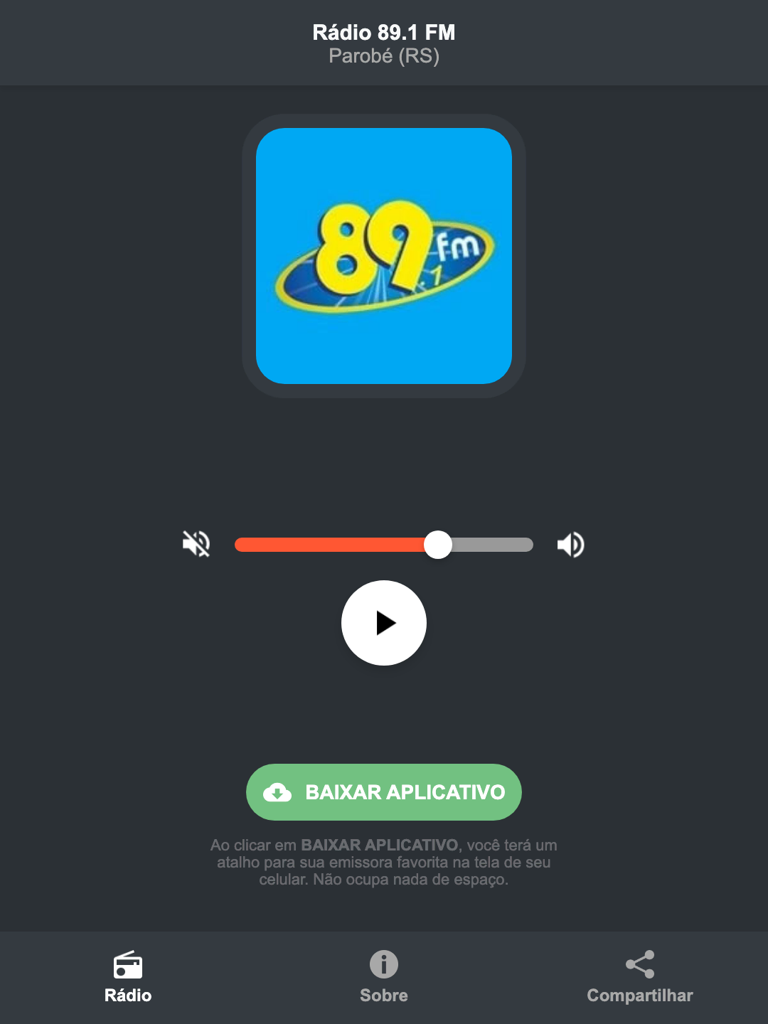 Screenshot do aplicativo da Rádio 89.1 FM