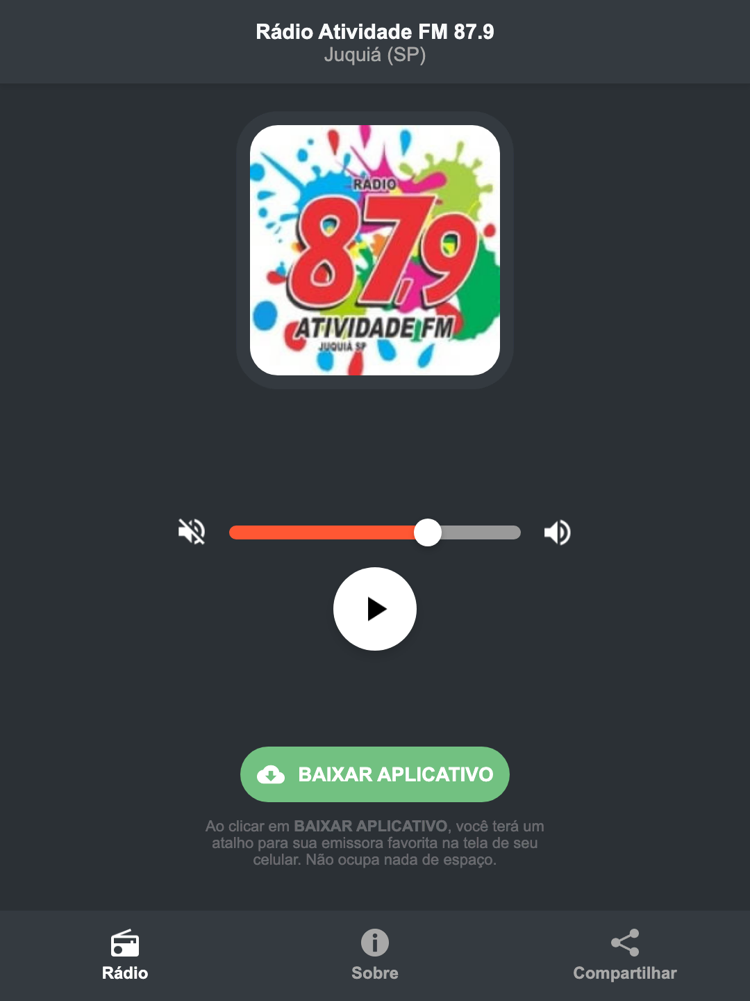 Screenshot do aplicativo da Rádio Atividade FM 87.9