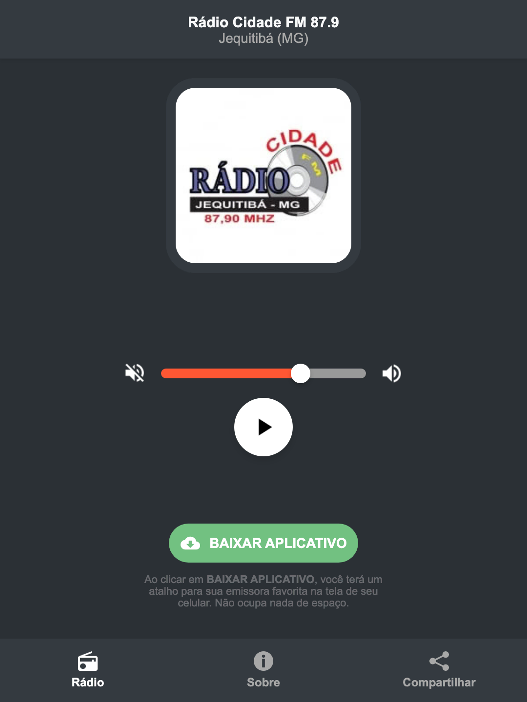 Screenshot do aplicativo da Rádio Cidade FM 87.9