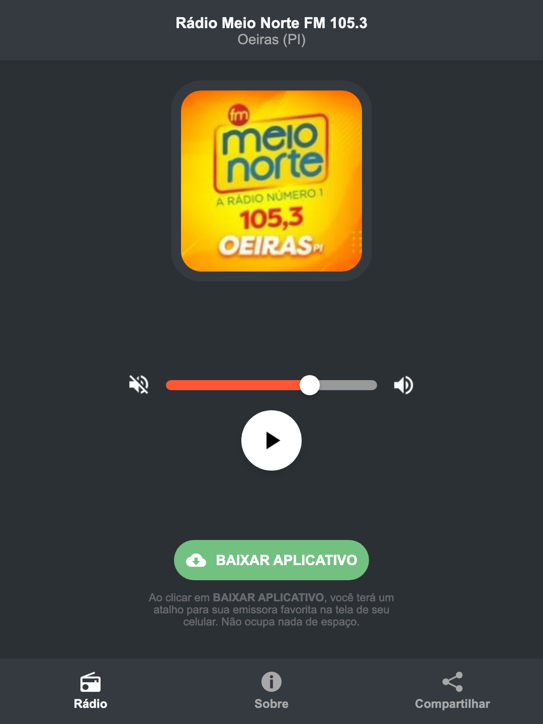 Screenshot do aplicativo da Rádio Meio Norte FM 105.3
