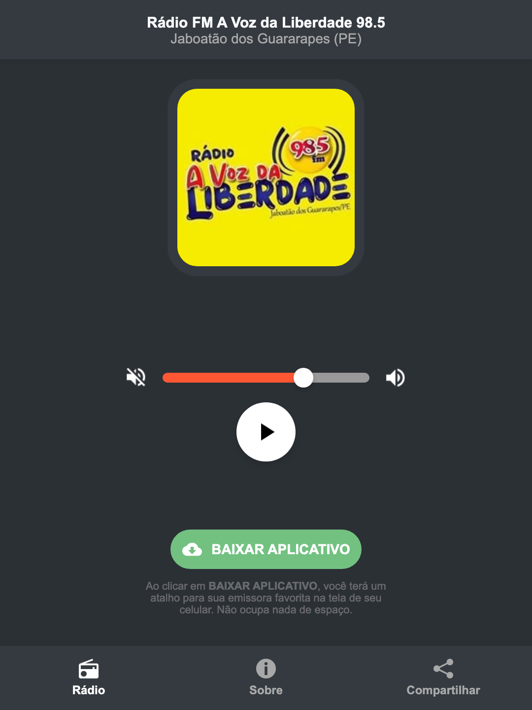 Screenshot do aplicativo da Rádio FM A Voz da Liberdade 98.5