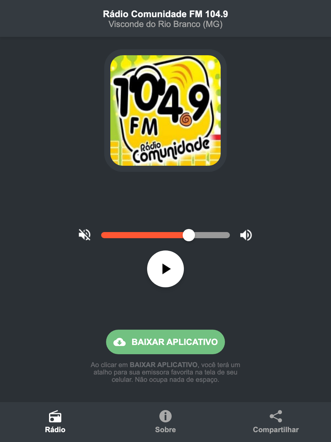 Screenshot do aplicativo da Rádio Comunidade FM 104.9