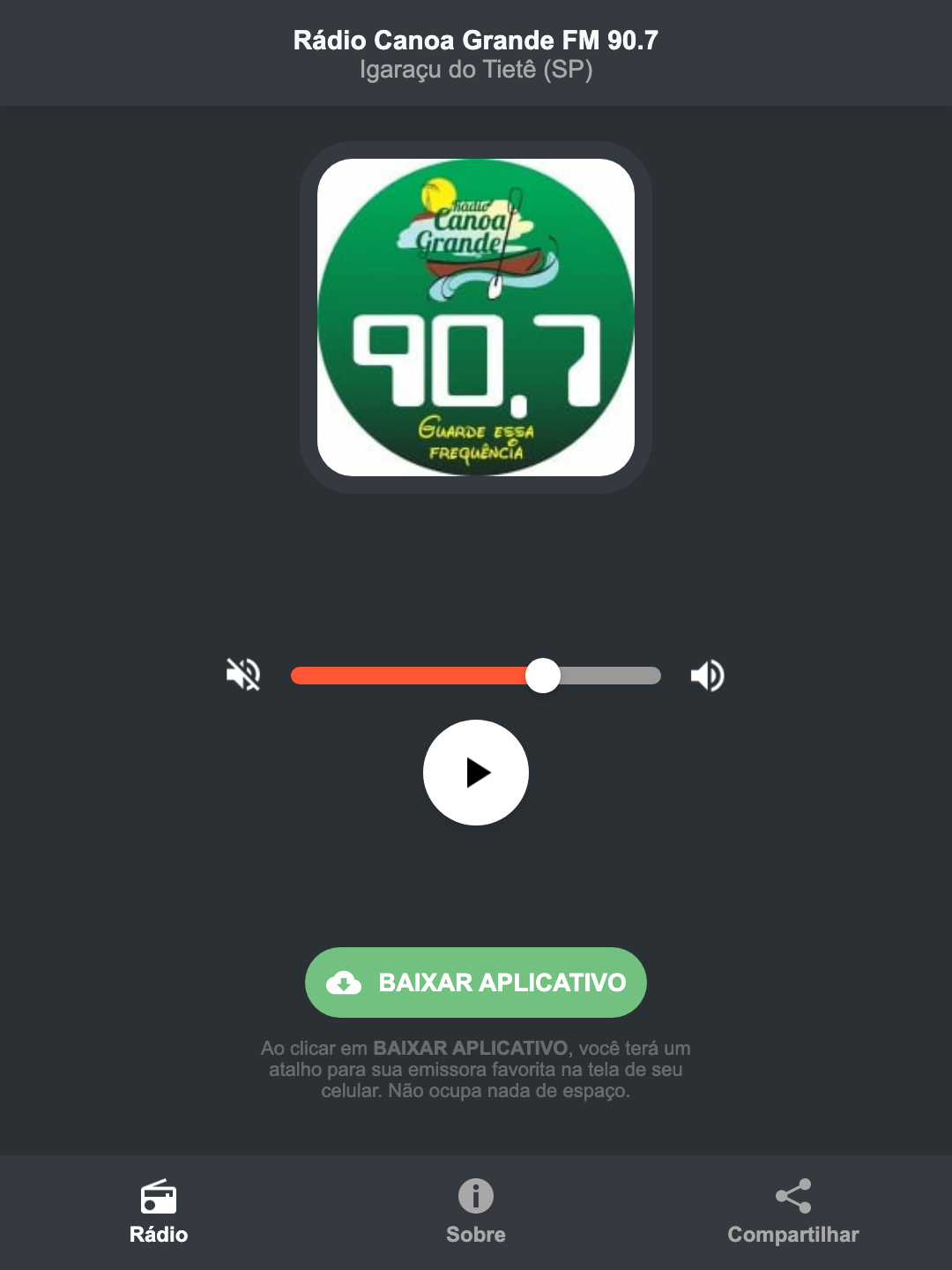 Screenshot do aplicativo da Rádio Canoa Grande FM 90.7