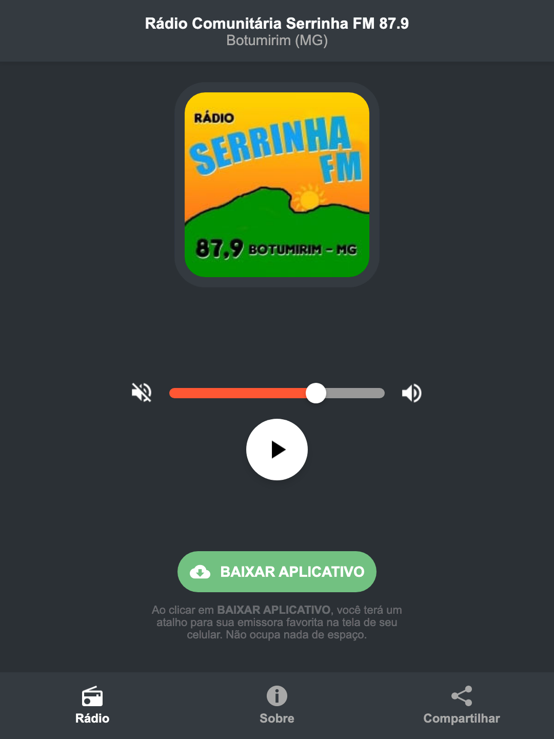 Screenshot do aplicativo da Rádio Comunitária Serrinha FM 87.9