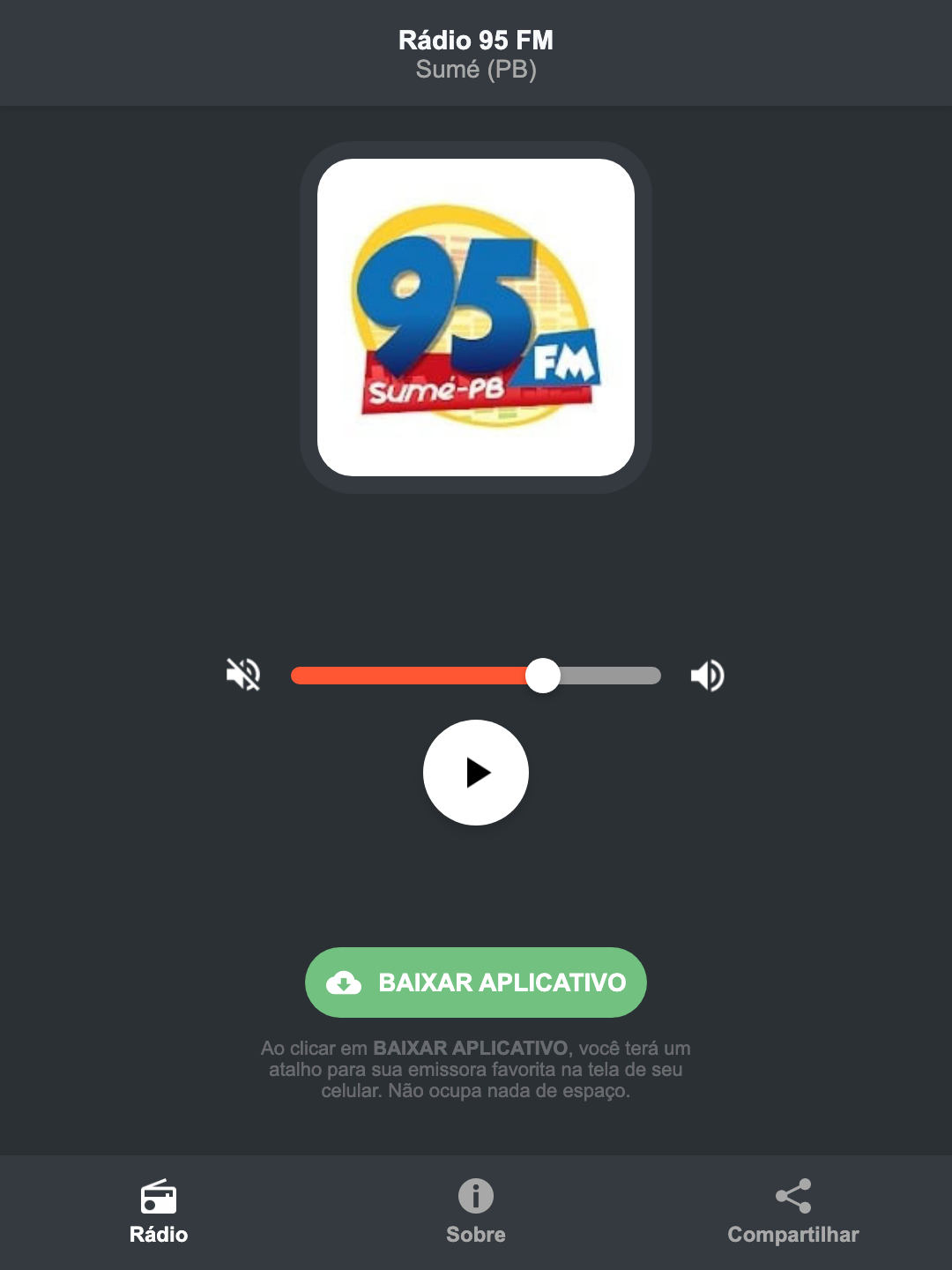 Screenshot do aplicativo da Rádio 95 FM