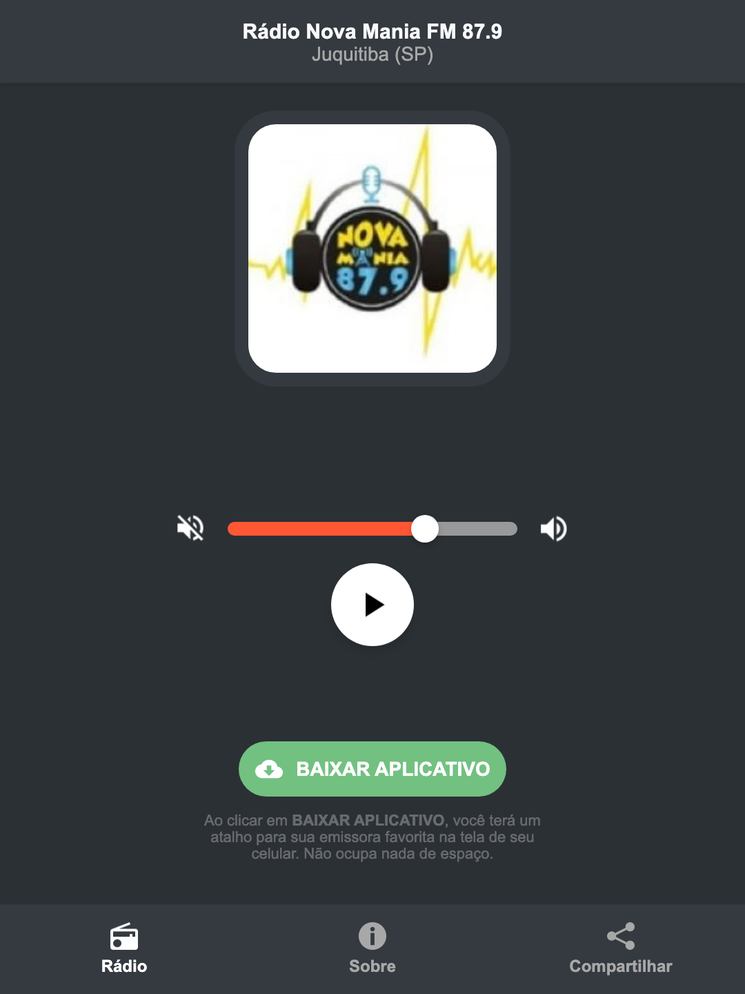 Screenshot do aplicativo da Rádio Nova Mania FM 87.9