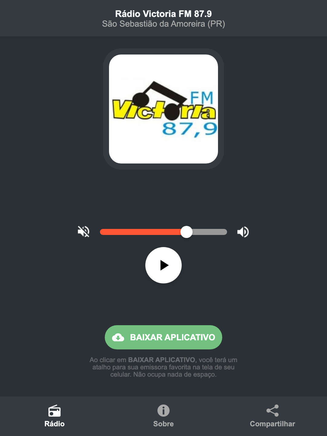 Screenshot do aplicativo da Rádio Victoria FM 87.9