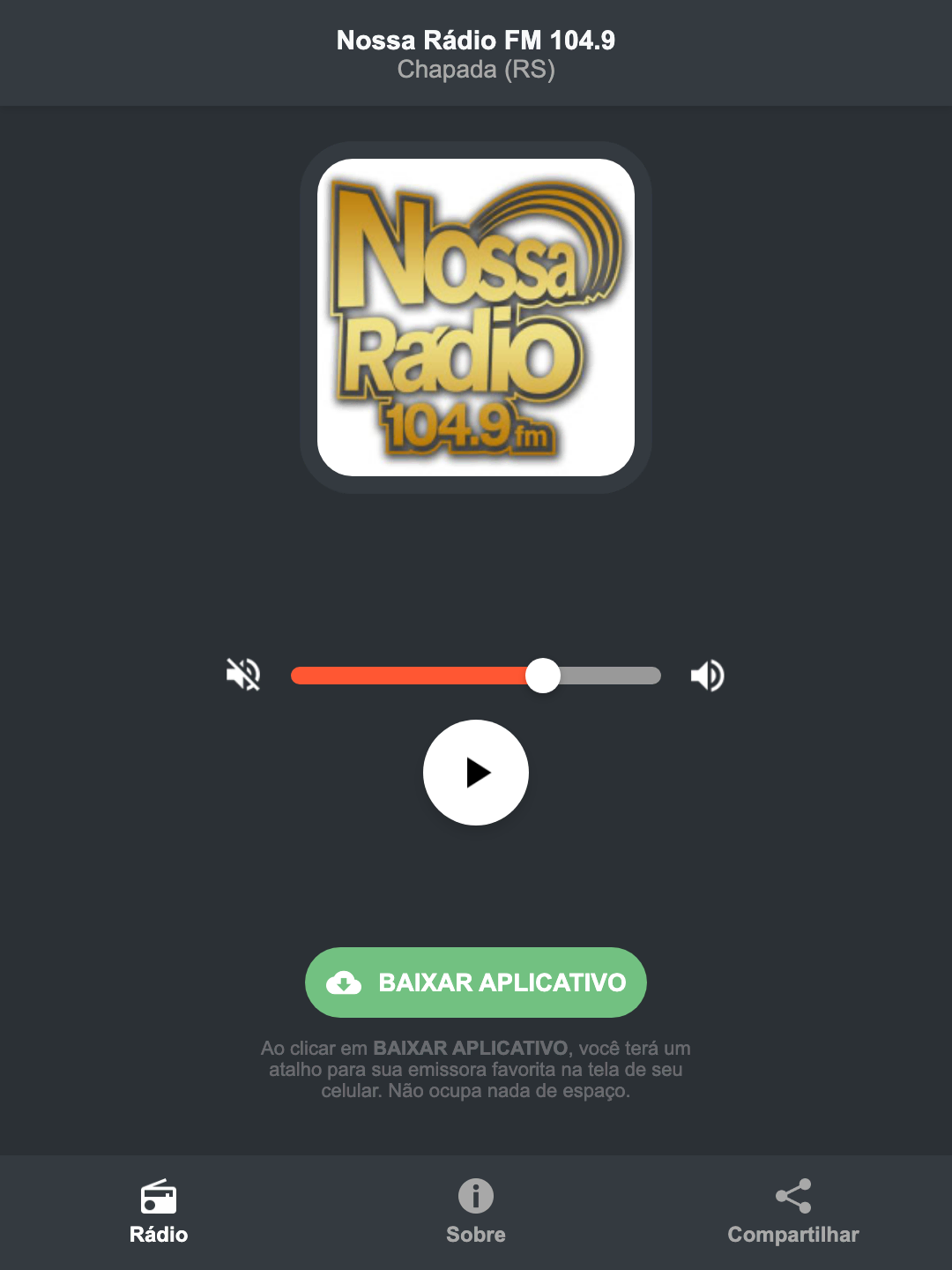 Screenshot do aplicativo da Nossa Rádio FM 104.9