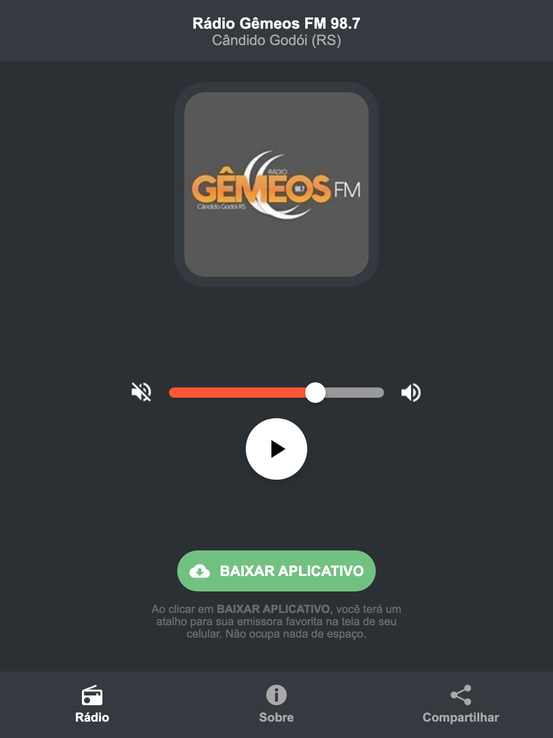 Screenshot do aplicativo da Rádio Gêmeos FM 98.7