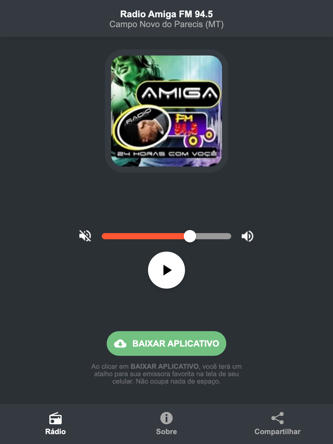 Screenshot do aplicativo da Radio Amiga FM 94.5