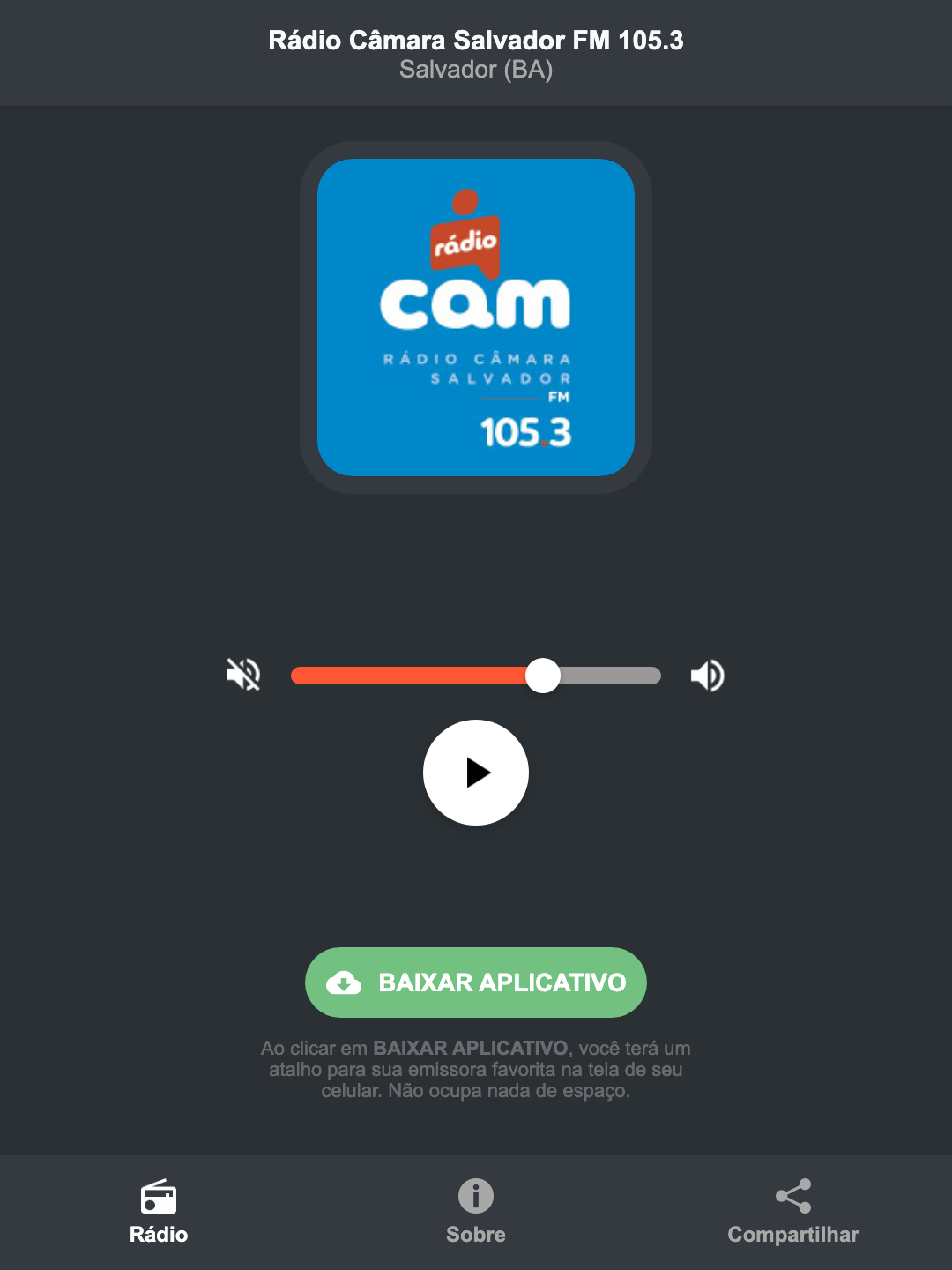 Screenshot do aplicativo da Rádio Câmara Salvador FM 105.3