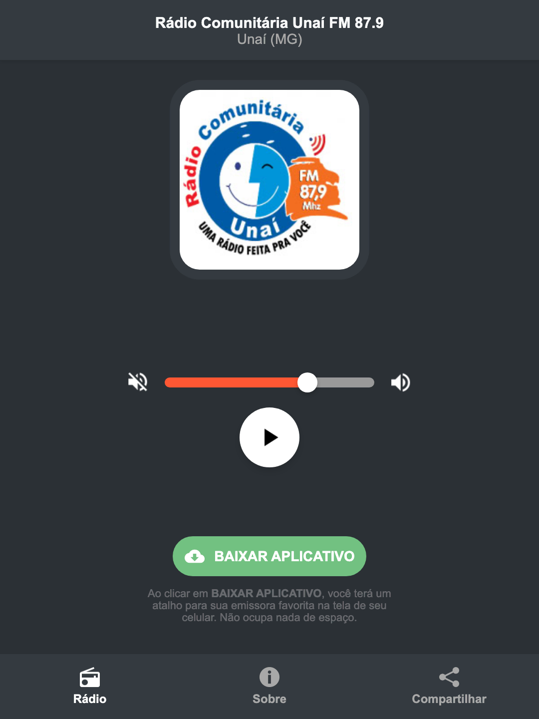Screenshot do aplicativo da Rádio Comunitária Unaí FM 87.9